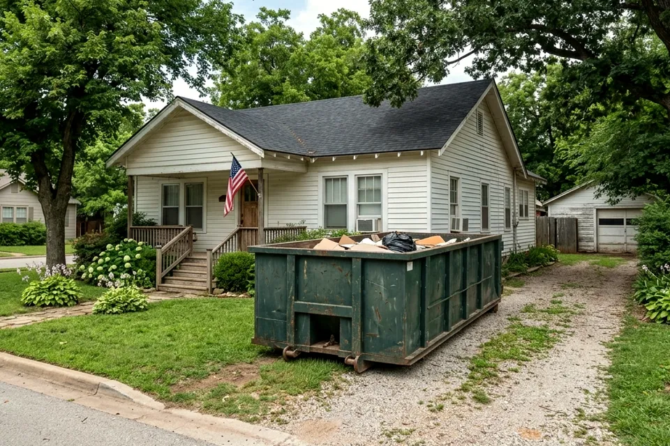 10 yard dumpster rental in Lawton OK parked on a residential driveway