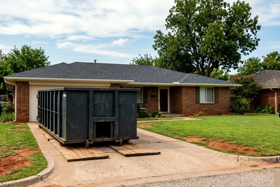 20 yard dumpster rental in Lawton OK on driveway boards at a brick home