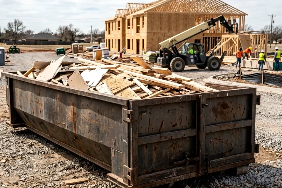 Business cleanout dumpster in Lawton OK loaded with office furniture, shelving and fixtures