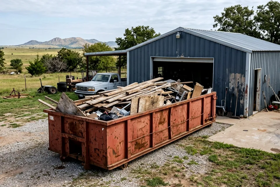 Commercial dumpster rental in Lawton OK parked behind a retail and office building