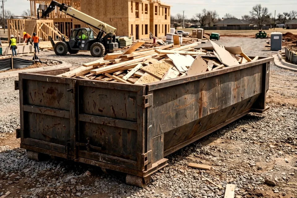 10 yard concrete and dirt dumpster rental in Lawton OK loaded with broken slab concrete