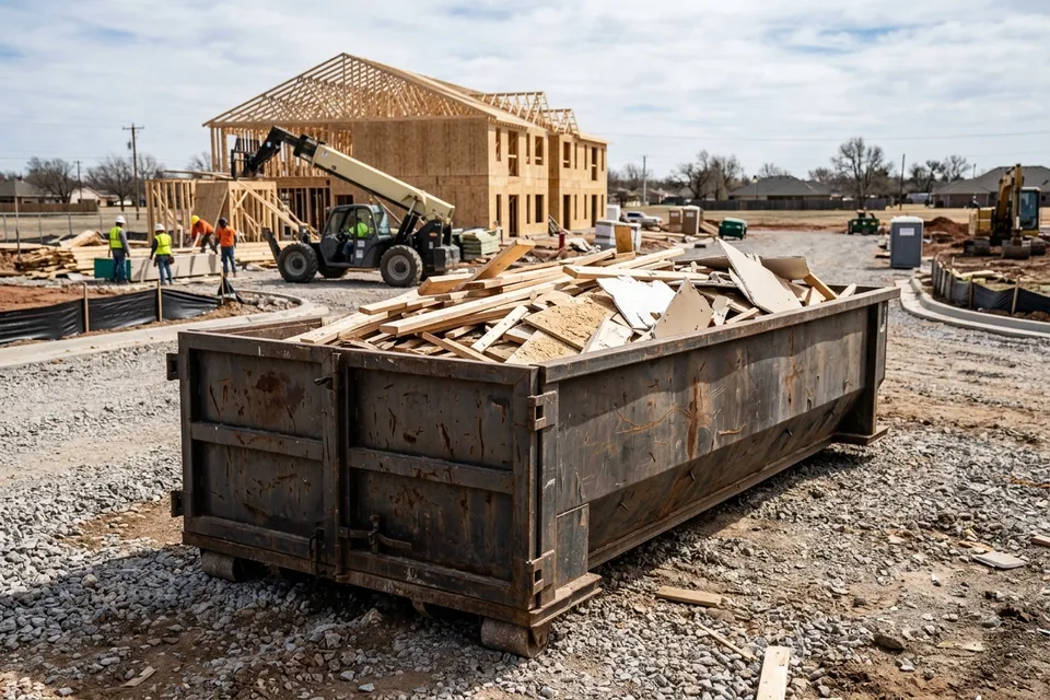 Construction dumpster rental in Lawton OK on an active job site loaded with framing lumber