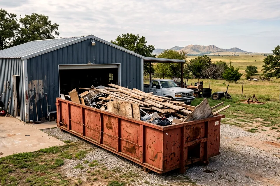 Demolition dumpster rental in Lawton OK loaded with shed, deck and interior teardown lumber