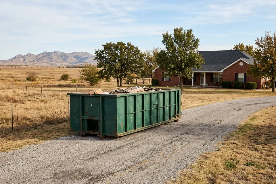 Dumpster rental in Cache OK on a rural gravel driveway with the Wichita Mountains behind it
