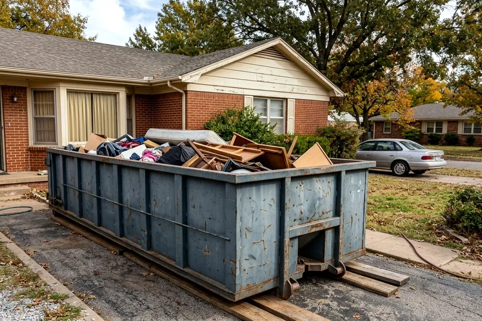 Dumpster rental in MacArthur Park east Lawton OK at a 1970s brick ranch house