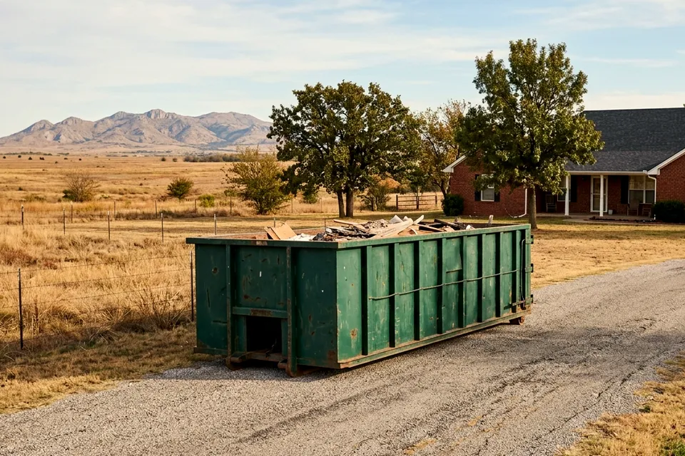 Small roll off dumpster rental in Medicine Park OK parked beside a hillside cabin
