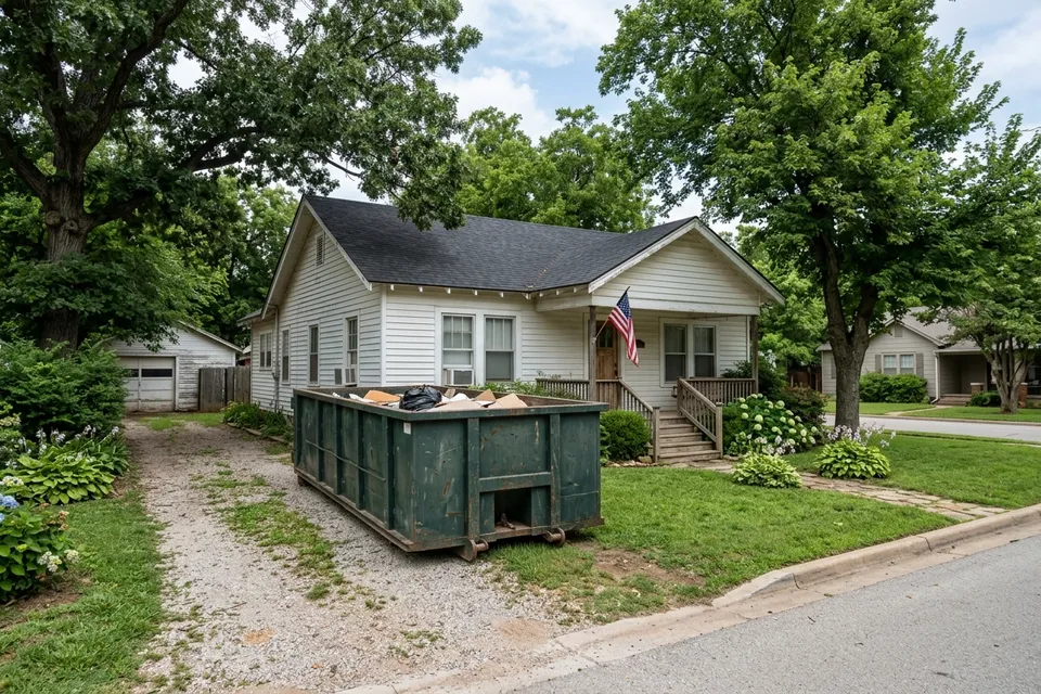 Dumpster rental in Walters OK parked at an older small-town house in Cotton County
