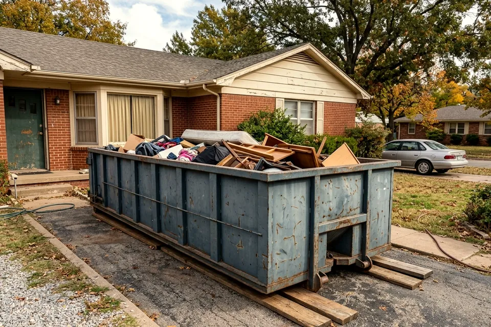 Estate cleanout dumpster rental at an older brick family home in Lawton OK