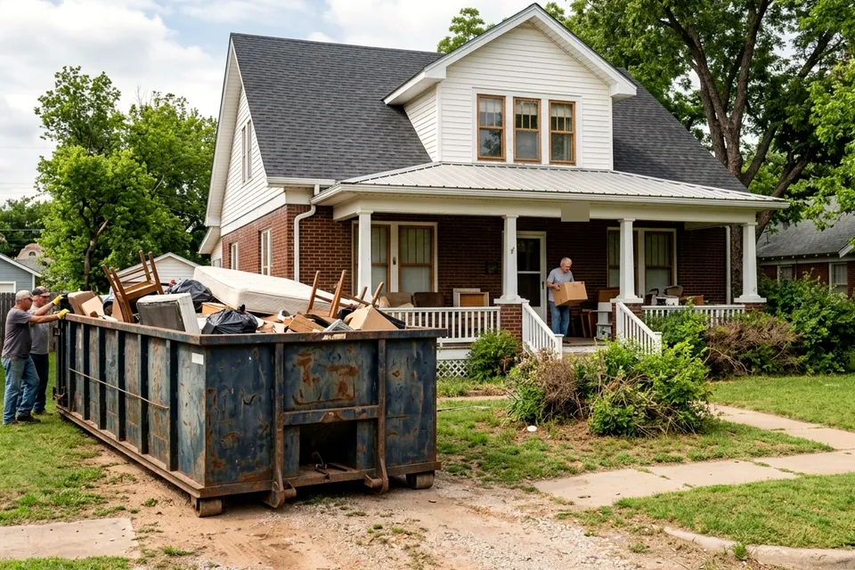Home cleanout dumpster rental in Lawton OK being loaded through the walk-in rear door