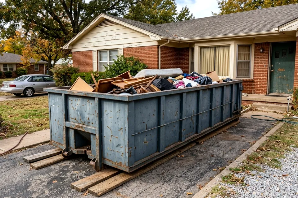 Home renovation dumpster rental in Lawton OK filled with kitchen cabinets, tile and drywall