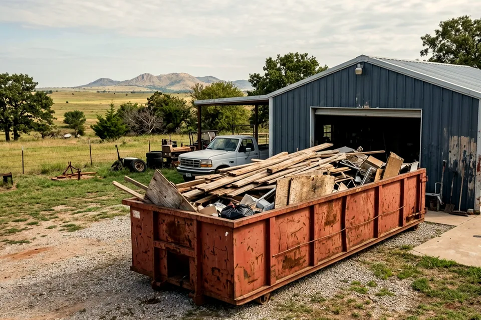 30 yard roll off dumpster beside a ranch fence near Indiahoma OK