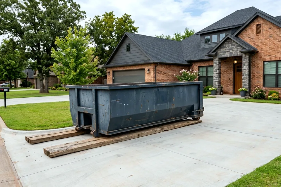 PCS move out dumpster rental near Fort Sill in Lawton OK parked on a residential driveway