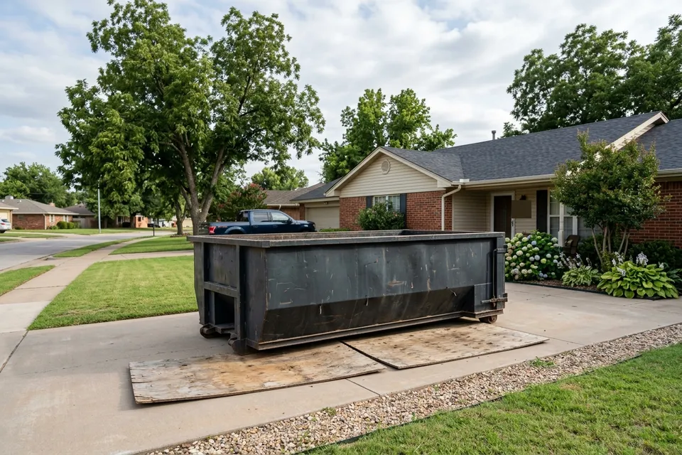 Residential dumpster rental in Lawton OK with wooden boards protecting a home driveway