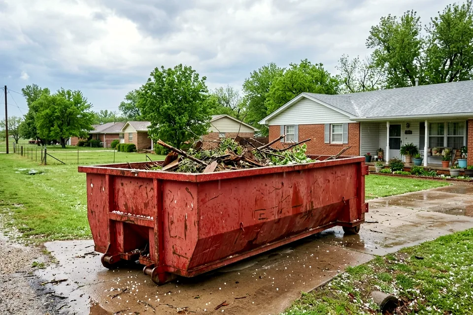 Storm debris dumpster in Lawton OK loaded with tree limbs, broken fence panels and siding